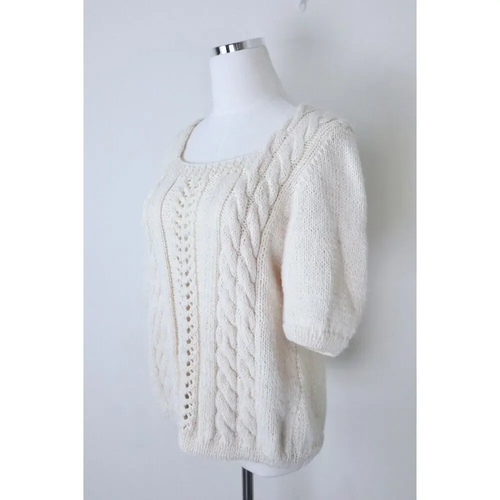 Handmade Cottagecore Short Sleeve Sweater Top Square Neck Cream Cable Knit - Picture 5 of 12